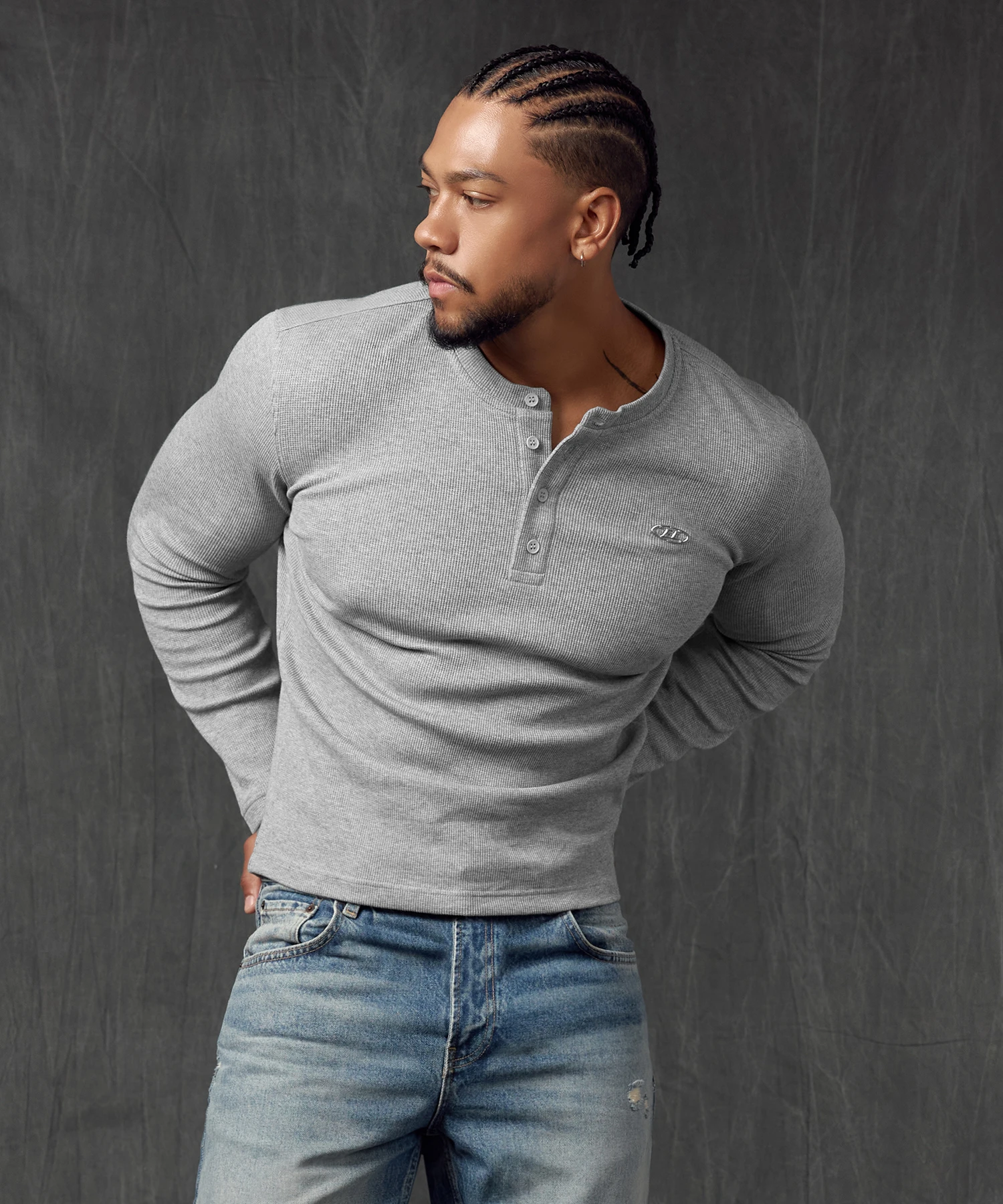 [大H pick ]B PENDANT HENRY NECK WAFFLE LONG SLEEVE [MELANGE GREY]