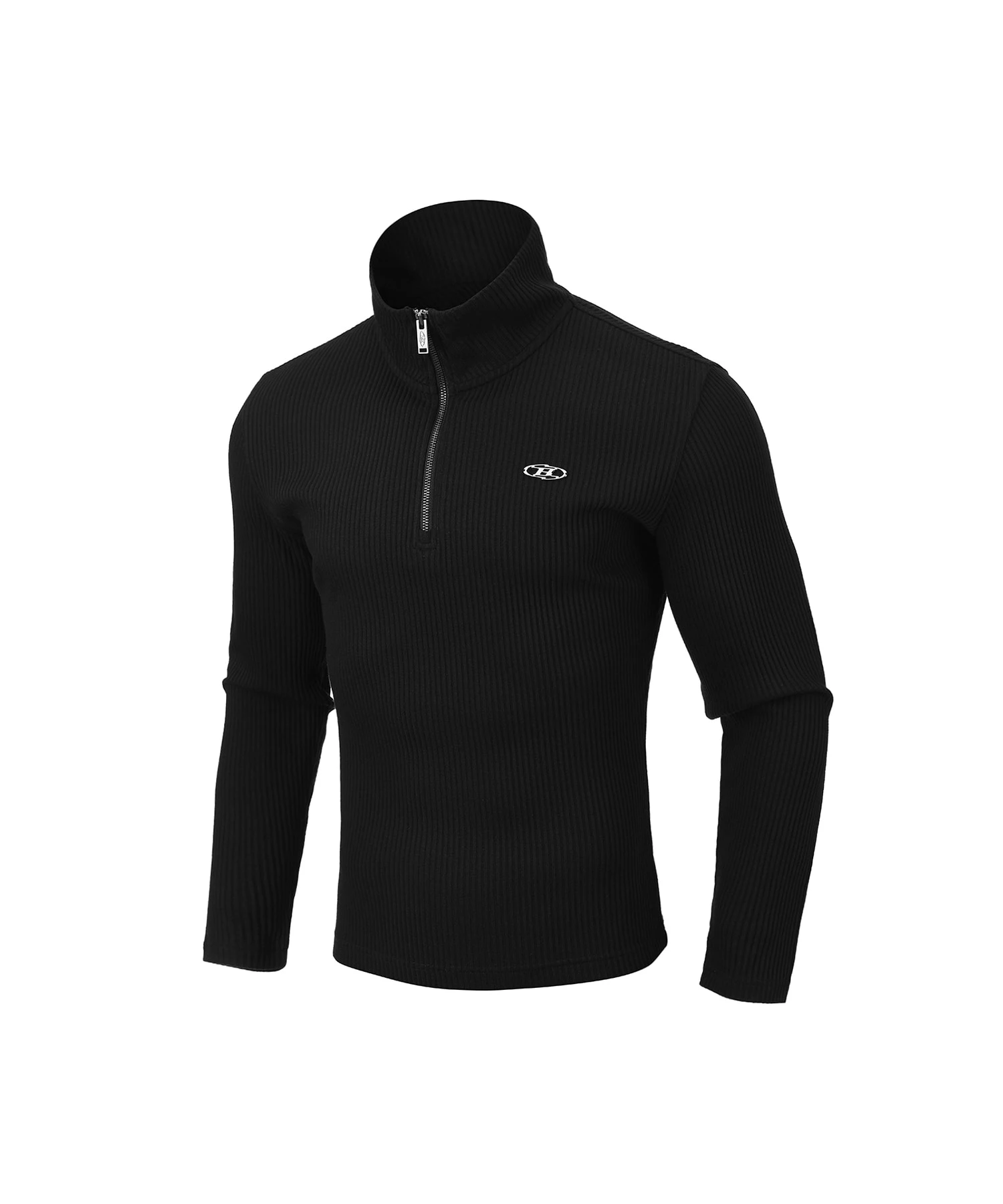 B PENDANT RIBBED HALF ZIP-UP LONG SLEEVE [BLACK]