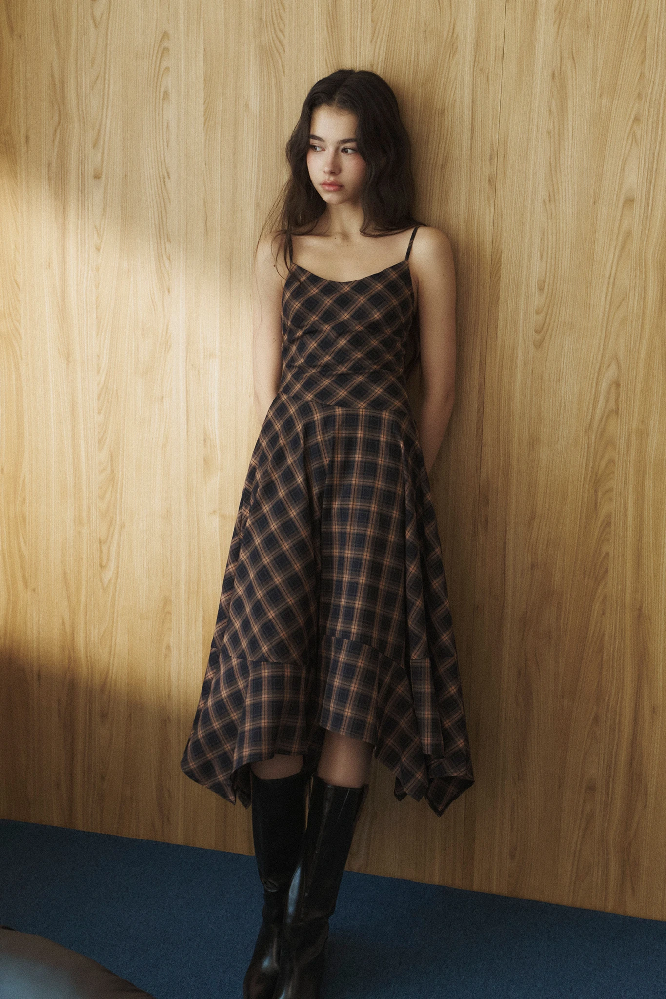 Out-plaid Dress - Navy Orange
