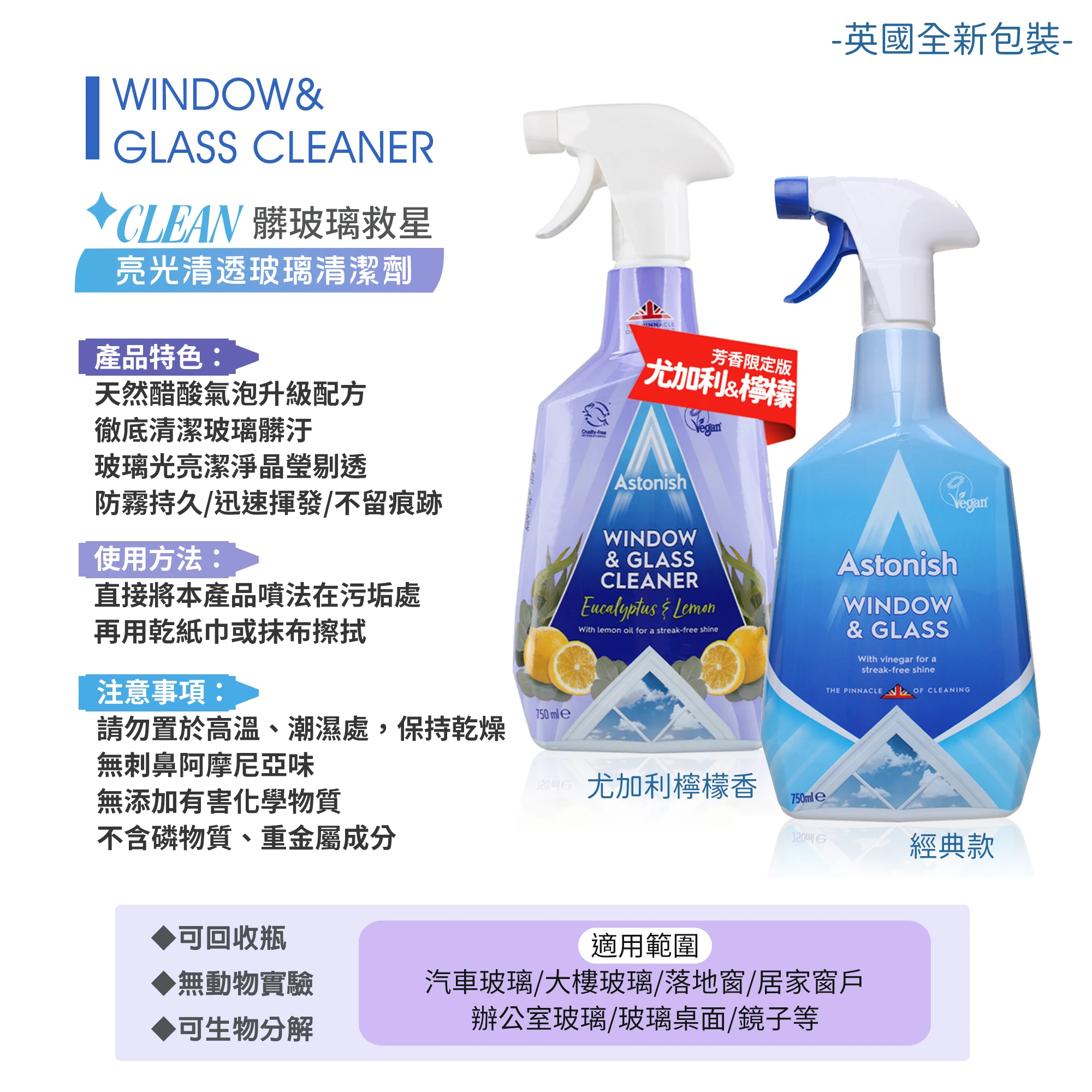 Astonish 玻璃防霧無痕清潔劑 750ml 尤加利檸檬香