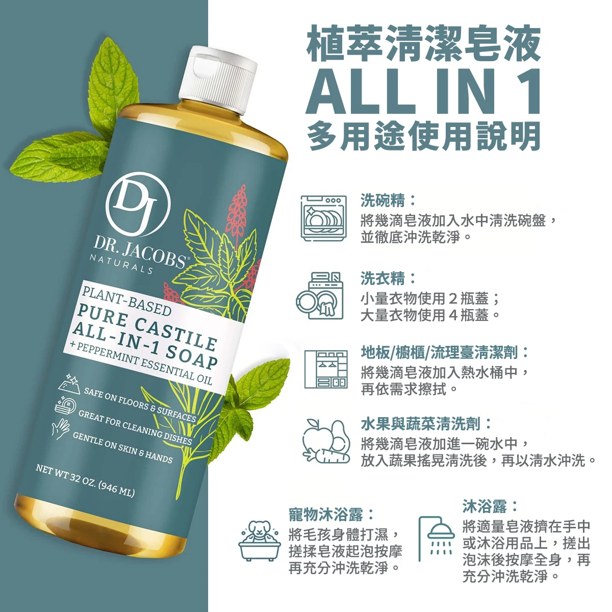 雅各博士  多效合一植萃清潔皂液 946ml (贈壓頭)