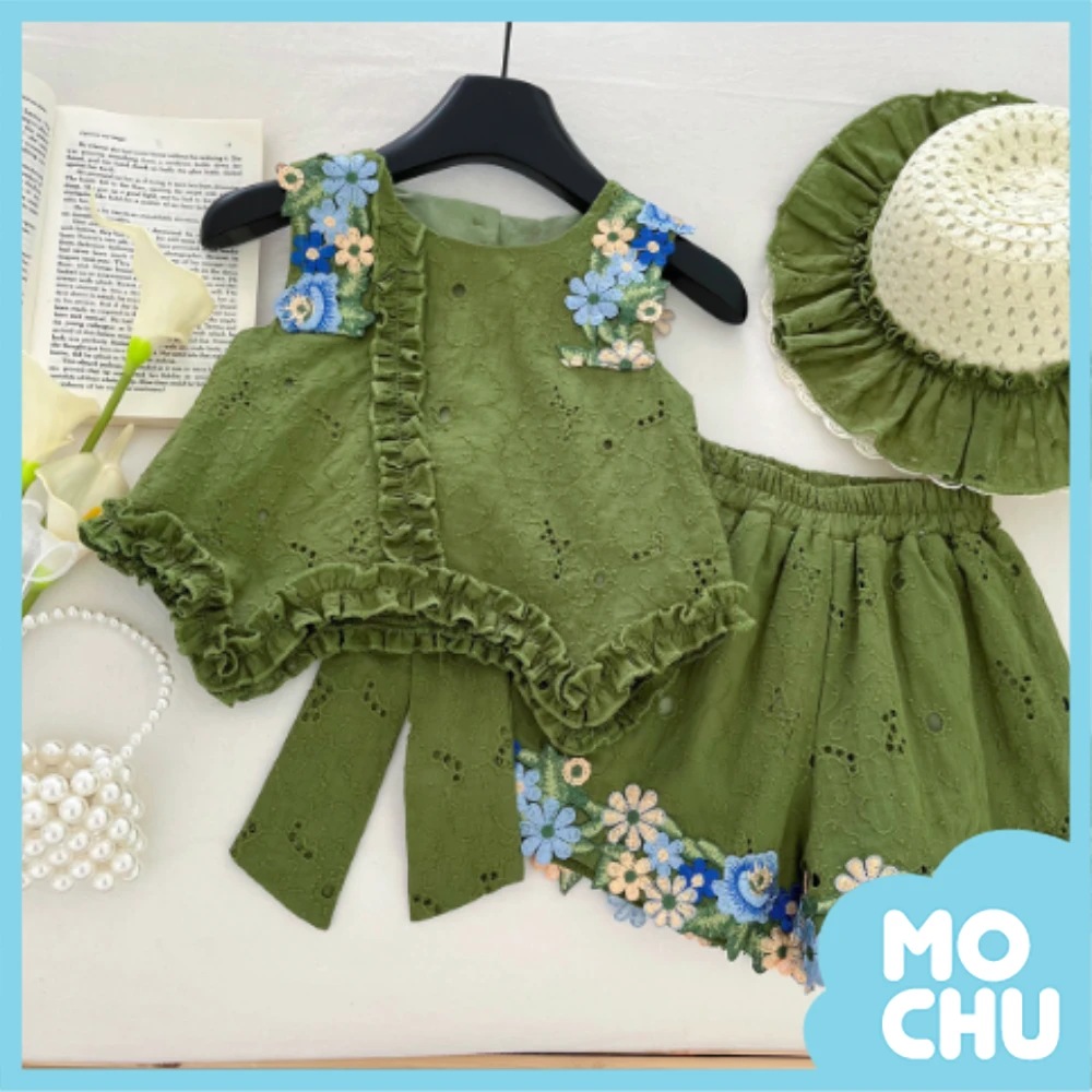 刺繡花朵邊條無袖套裝(送帽子)