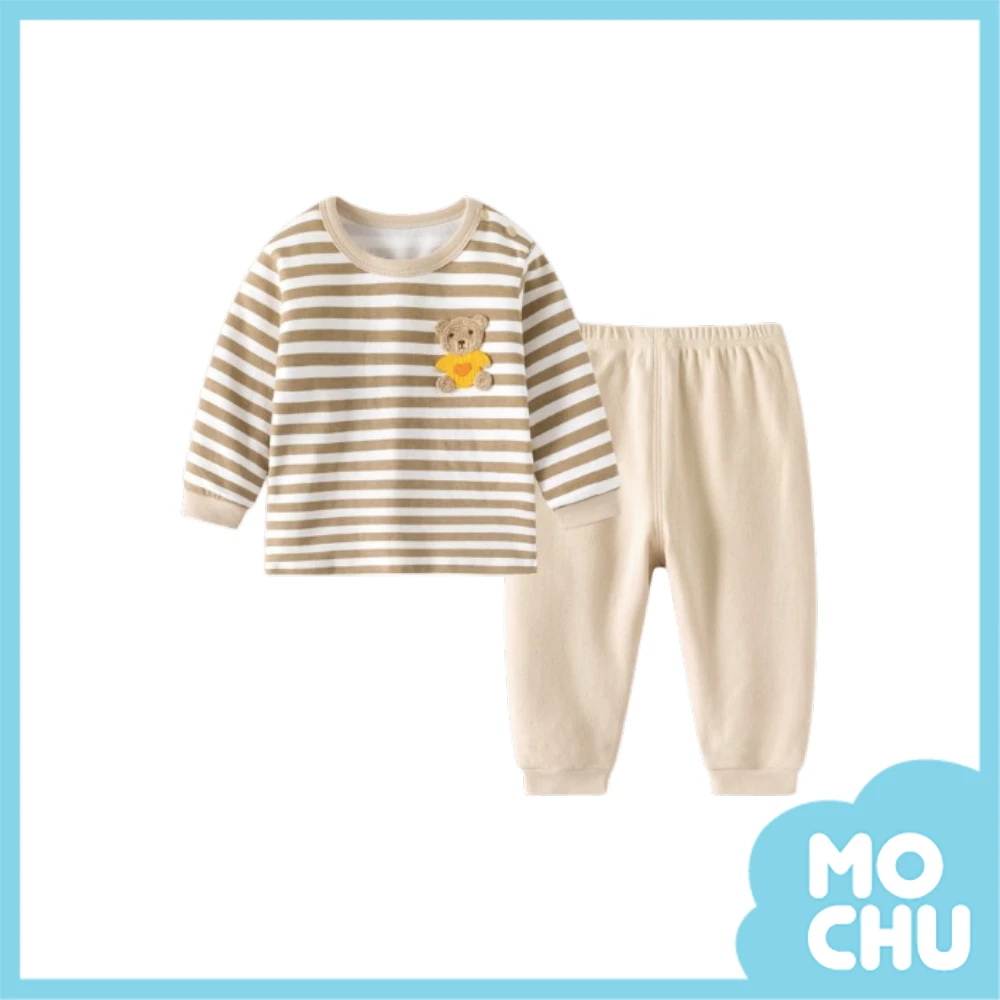 咖色條紋熊長袖家居服套裝