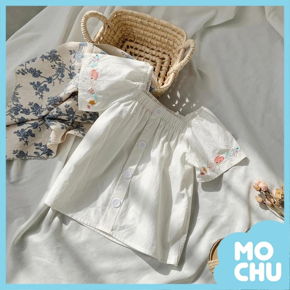 刺繡小魚兒一字肩方領上衣(四色)