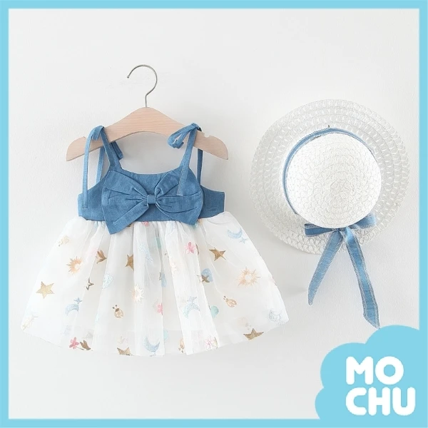 俏皮刺繡牛仔吊帶洋裝+帽子