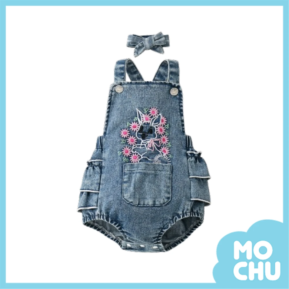 刺繡花朵兔吊帶牛仔包屁衣