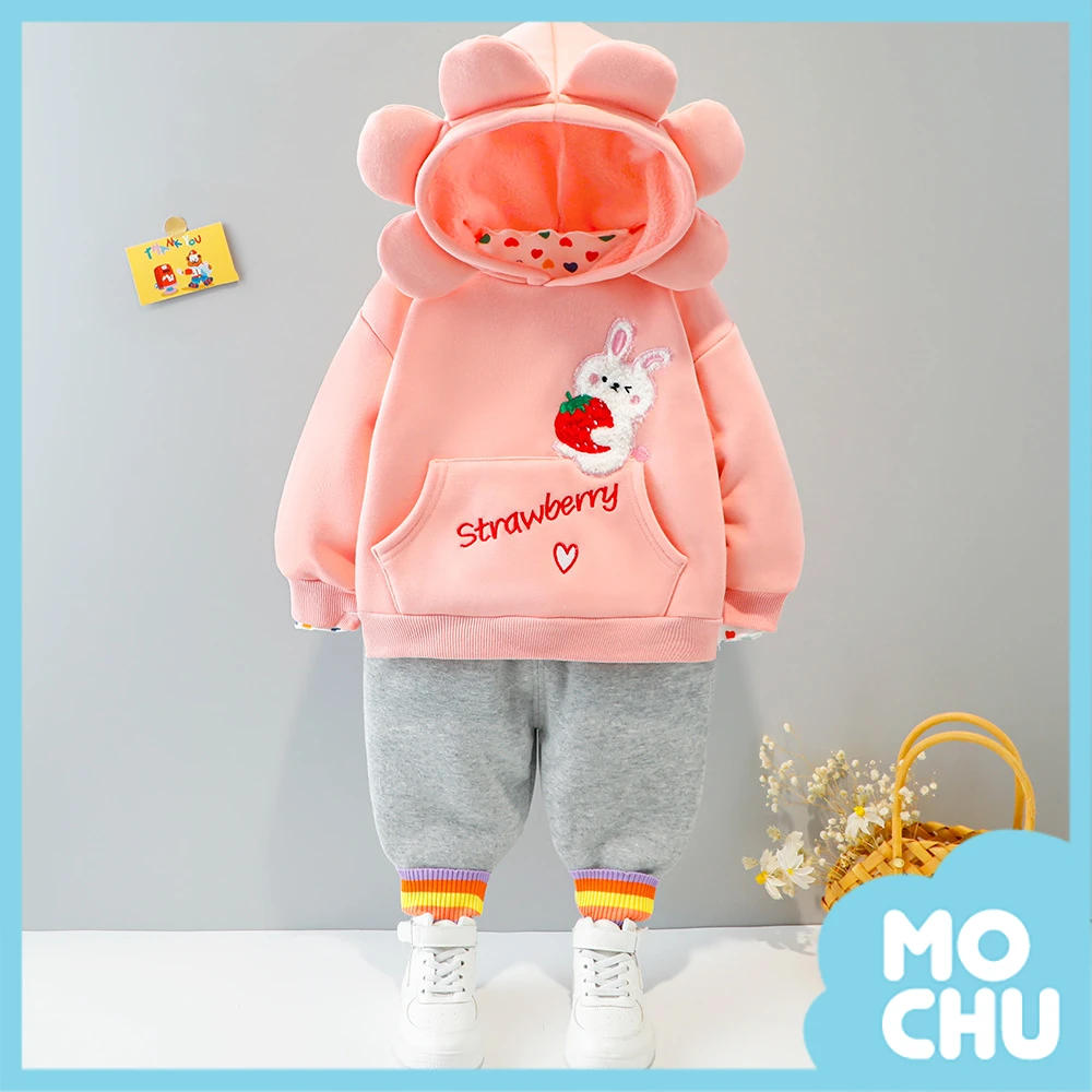草莓兔花朵帽加絨套裝(三色)