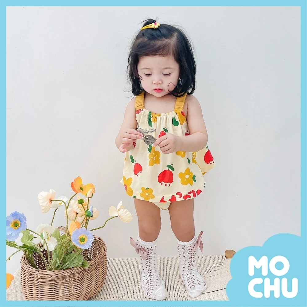 杏色小花背帶包屁套裝