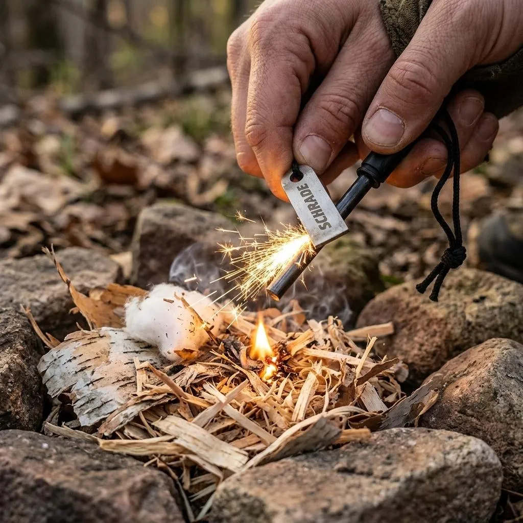 美國Schrade Fire Starter鈰鐵合金打火棒防滑橡膠柄附刮片與掛繩SCH1182523