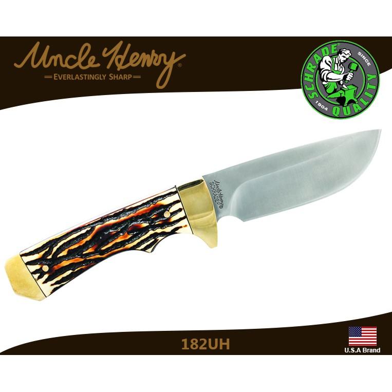 美國Schrade Uncle Henry直刀獵刀7Cr17MoV高碳鋼鹿角柄腰掛皮製刀鞘【SCH1116404】