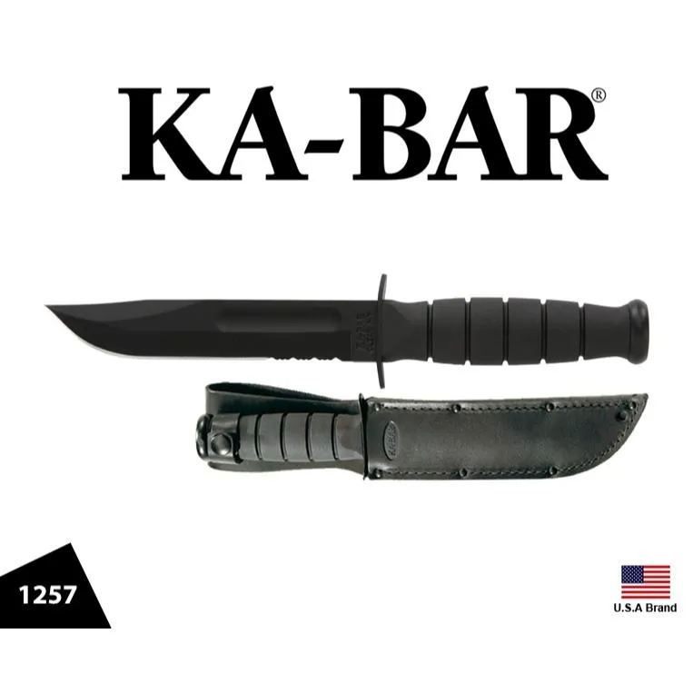 美國Ka-Bar直刀1257 Short短半齒刃4mm刃厚1095高碳鋼附皮質刀鞘【KA1257】