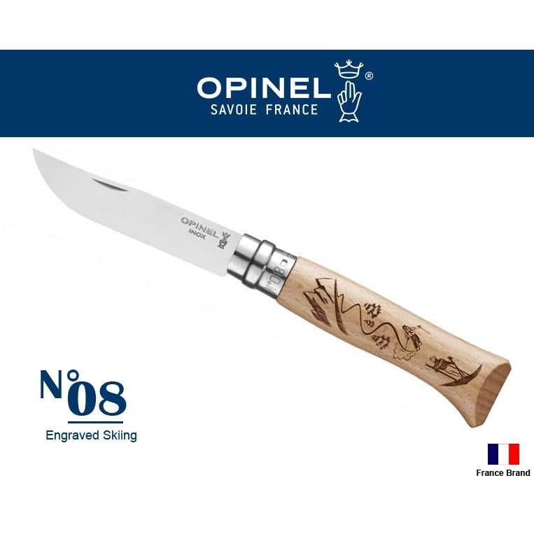 Opinel法國不銹鋼折刀No08圖騰雕刻戶外活動Skiing滑雪櫸木刀柄,法國製造【OPI002188】