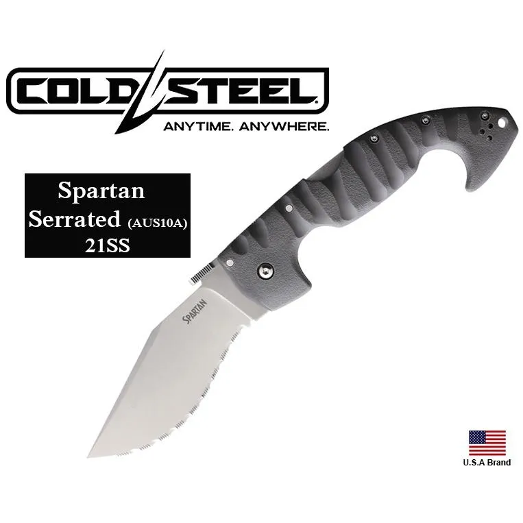 美國Cold Steel冷鋼折刀Spartan Serrated全齒版AUS10A不銹鋼灰色Grive柄 CS21SS