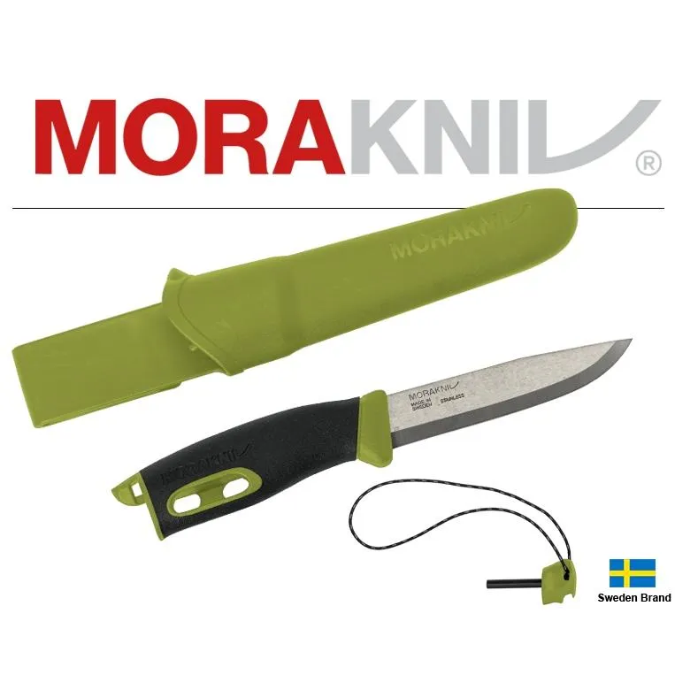Morakniv瑞典莫拉刀Companion Spark不鏽鋼10.4cm刃長附鞘打火棒傘繩(綠)【Mor13570】