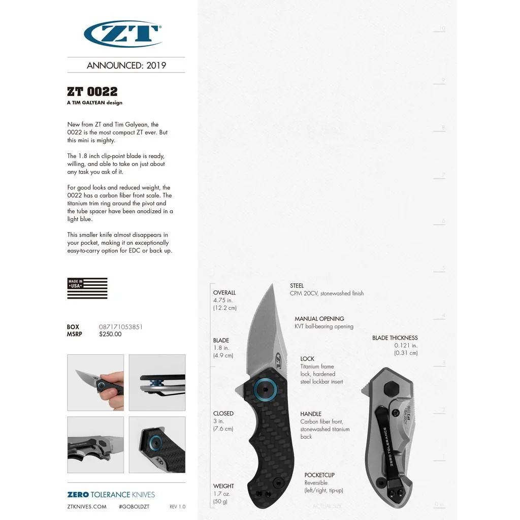 Zero Tolerance美國ZT折刀史上最小CPM20CV粉末鋼石洗面,碳纖維鈦柄【ZT0022】