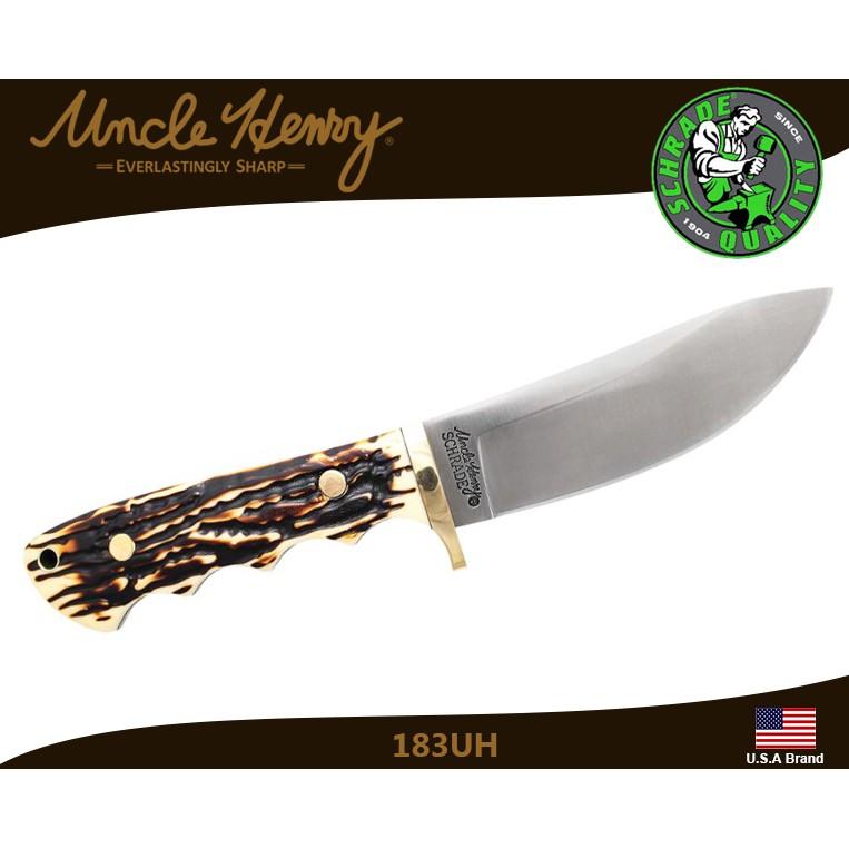 美國Schrade Uncle Henry剝皮刀獵刀7Cr17MoV鋼Staglon柄附皮製刀鞘【SCH1116408】