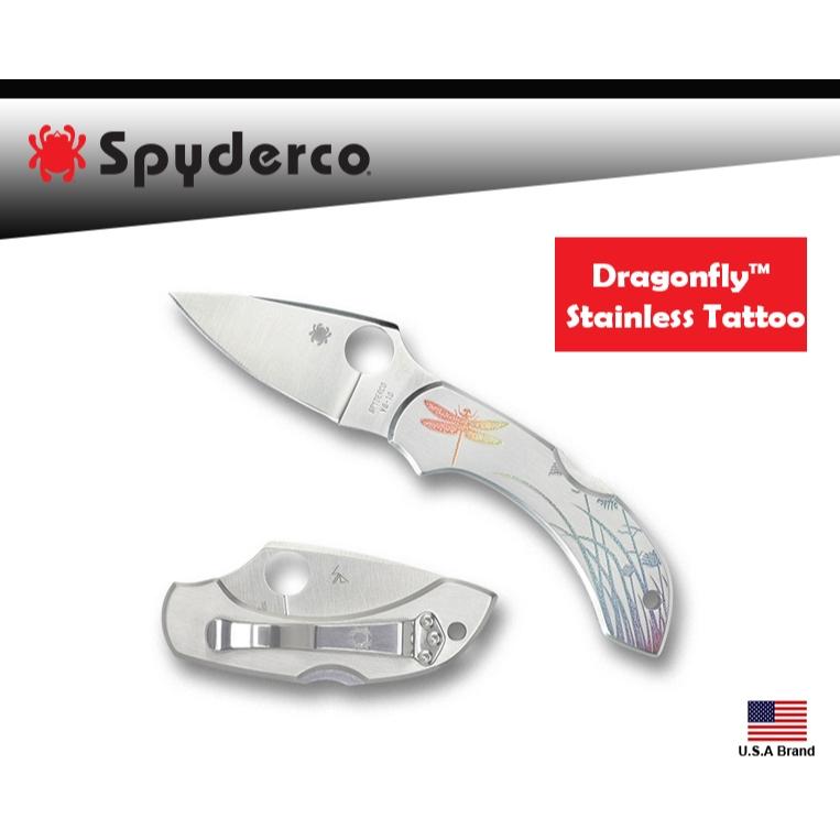 Spyderco美國蜘蛛 Dragonfly Stainless Tatt 折刀蜻蜓彩繪雷刻不銹鋼柄C28PT