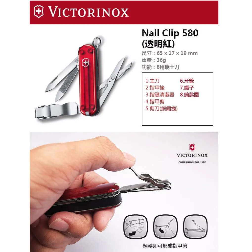Victorinox瑞士維氏65mm指甲剪Nail Clip 580(透明紅),8用瑞士刀,瑞士製造【0.6463.T】