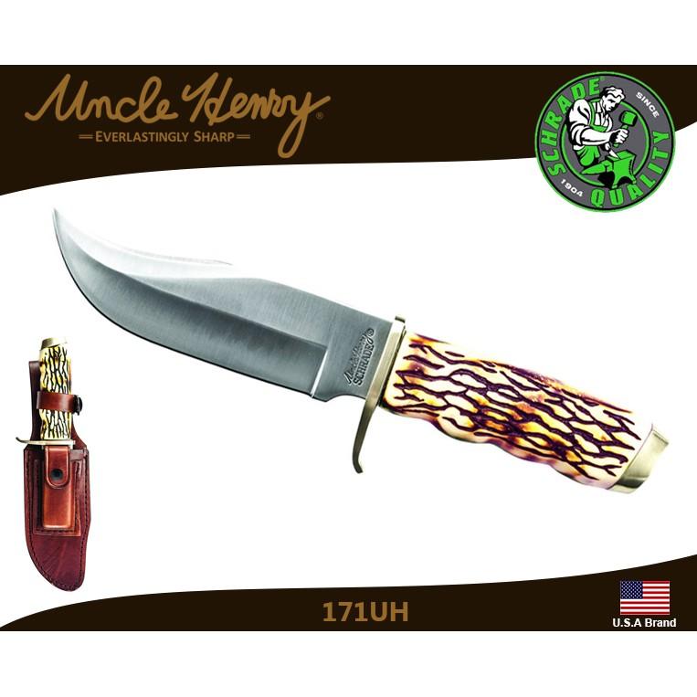 美國Schrade Uncle Henry直刀獵刀7Cr17MoV高碳鋼仿鹿角柄黃銅口金腰掛皮製刀鞘【SCH171UH】