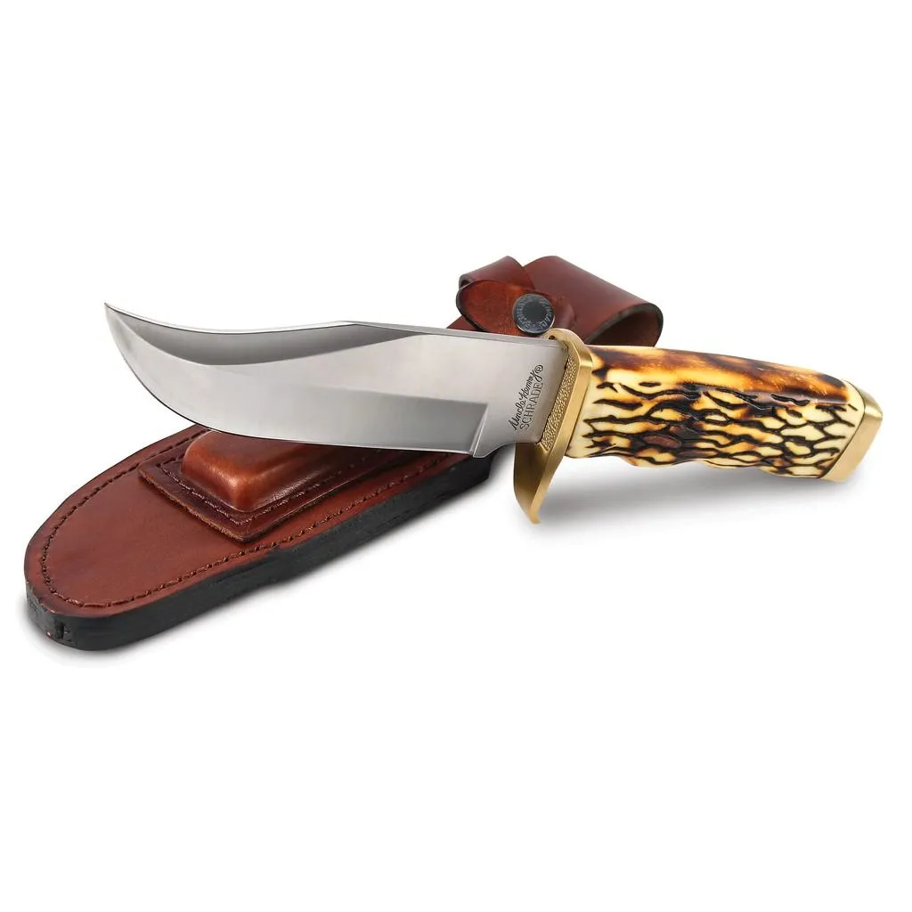 美國Schrade Uncle Henry直刀獵刀7Cr17MoV高碳鋼仿鹿角柄黃銅口金腰掛皮製刀鞘【SCH171UH】