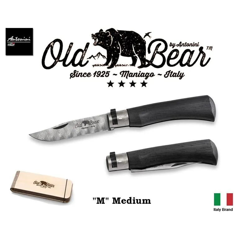 義大利 Antonini Knives Old Bear DAMASCUS大馬士革鋼層壓木柄折刀禮盒裝 OBDAMA