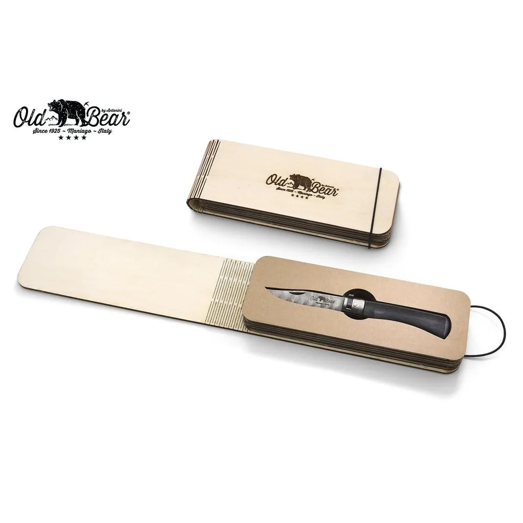 義大利 Antonini Knives Old Bear DAMASCUS大馬士革鋼層壓木柄折刀禮盒裝 OBDAMA
