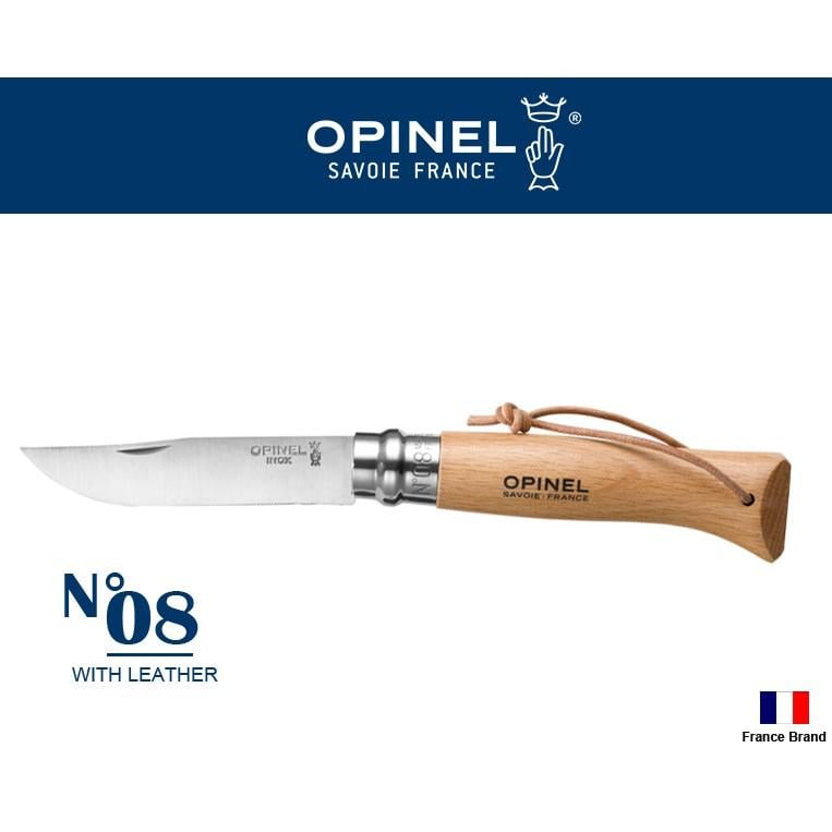 Opinel法國不銹鋼折刀 No08 櫸木刀柄附皮繩,法國製造【OPI001321】