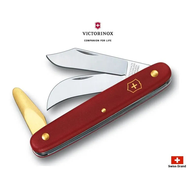 Victorinox瑞士維氏100mm園藝系列修枝園藝刀與黃銅樹皮推搓器三用合一(紅色),瑞士製造【3.9116】