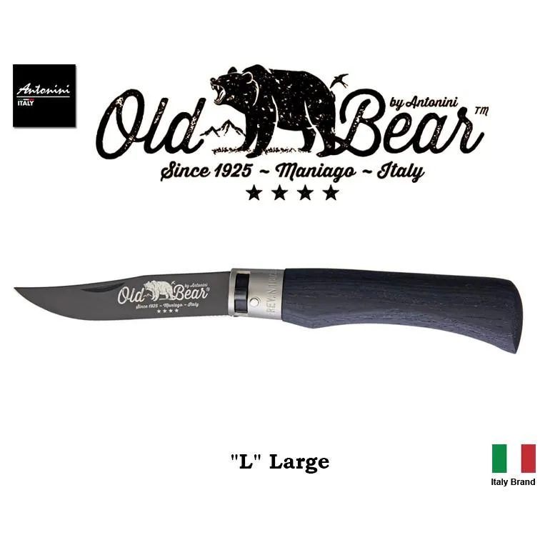 義大利 Antonini Knives Old Bear不銹鋼PTFE黑刃(銀)鎖定環L號黑積層木柄折刀【OBTBSL】