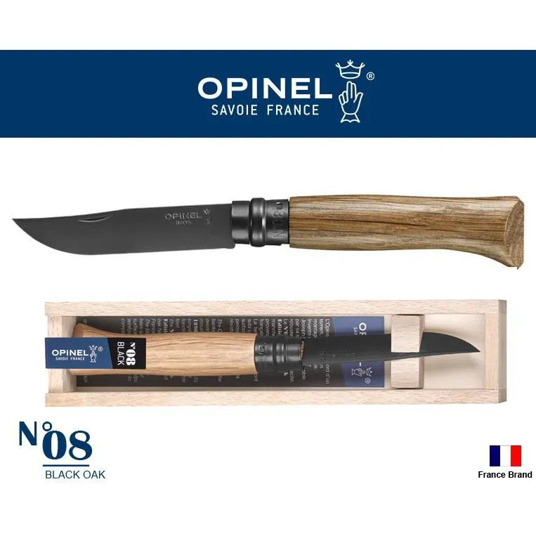 Opinel法國不銹鋼折刀Black OAK No08全黑刃橡木柄木盒裝,法國製造【OPI002172】