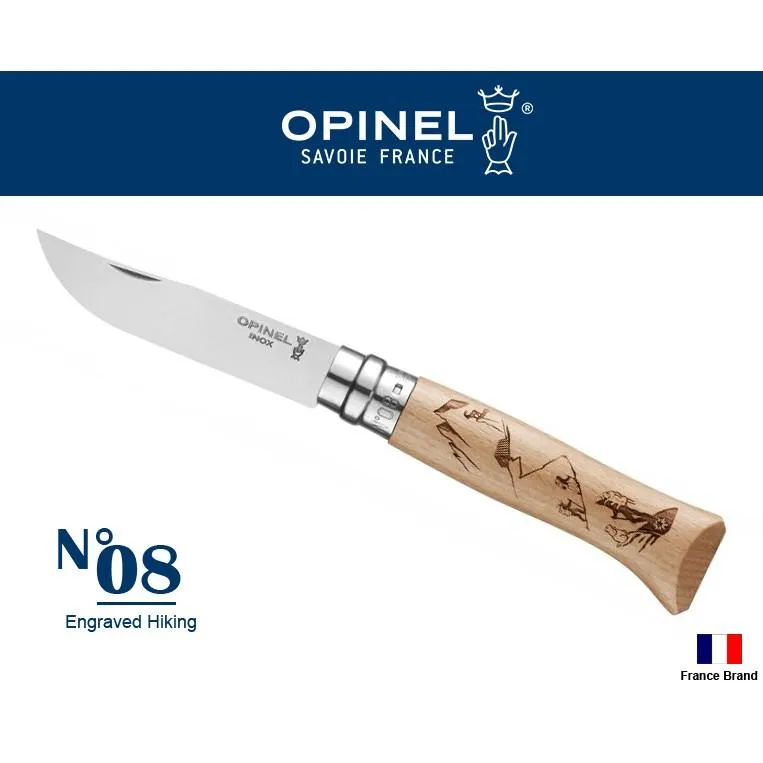 Opinel法國不銹鋼折刀No08圖騰雕刻戶外活動Hiking健行櫸木刀柄,法國製造【OPI002186】