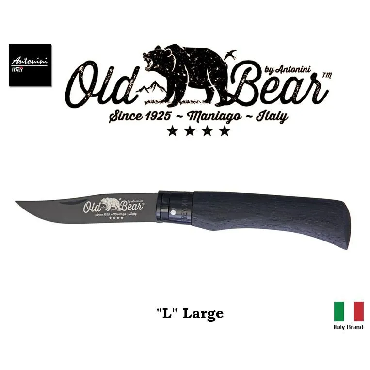 義大利 Antonini Knives Old Bear不銹鋼PTFE黑刃(黑)鎖定環L號黑積層木柄折刀【OBTBL】