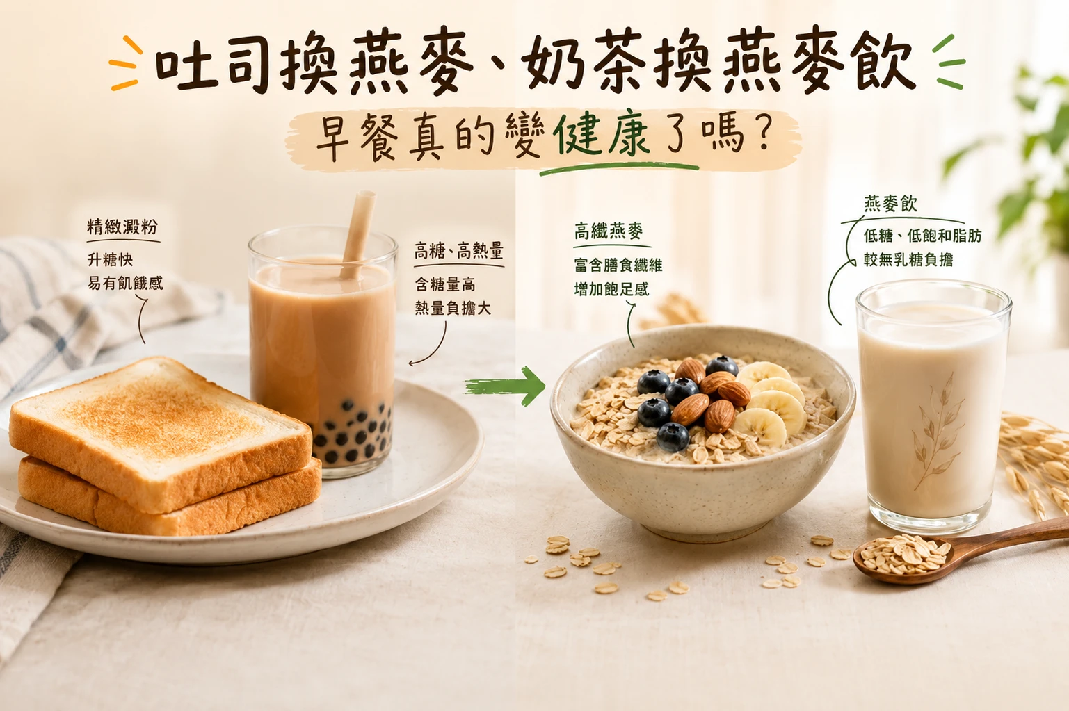 吐司換成燕麥、奶茶改喝燕麥飲,這樣對血糖、控醣有幫助嗎