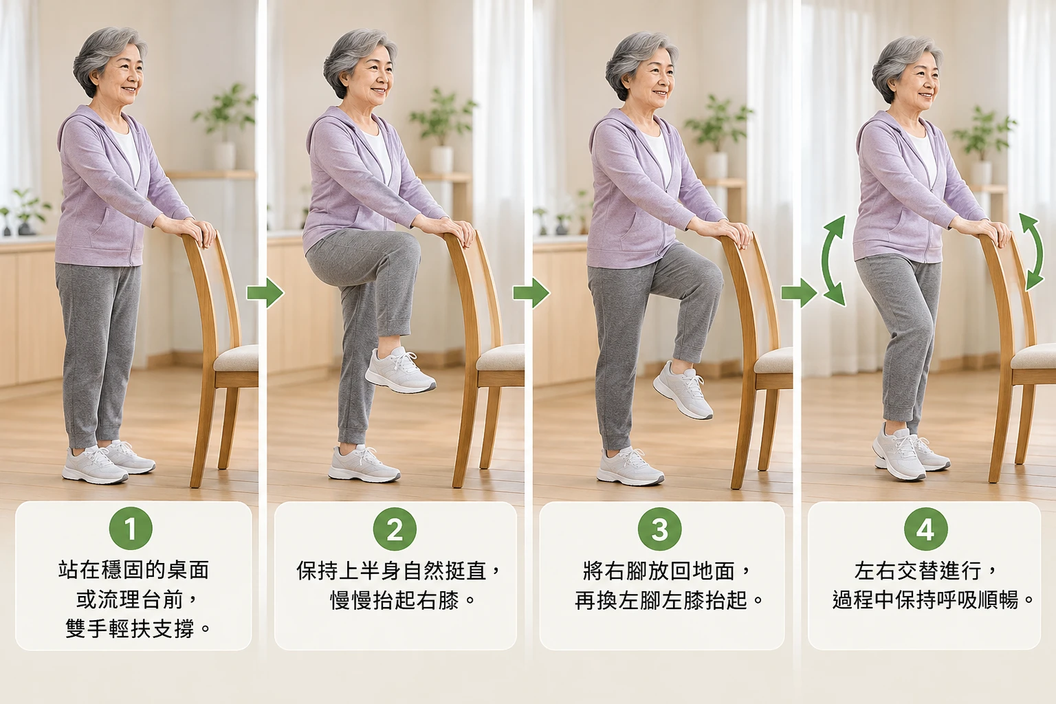 老人在家多做居家運動和老人肌力訓練，提升出遊的靈活度，出國可以走更遠