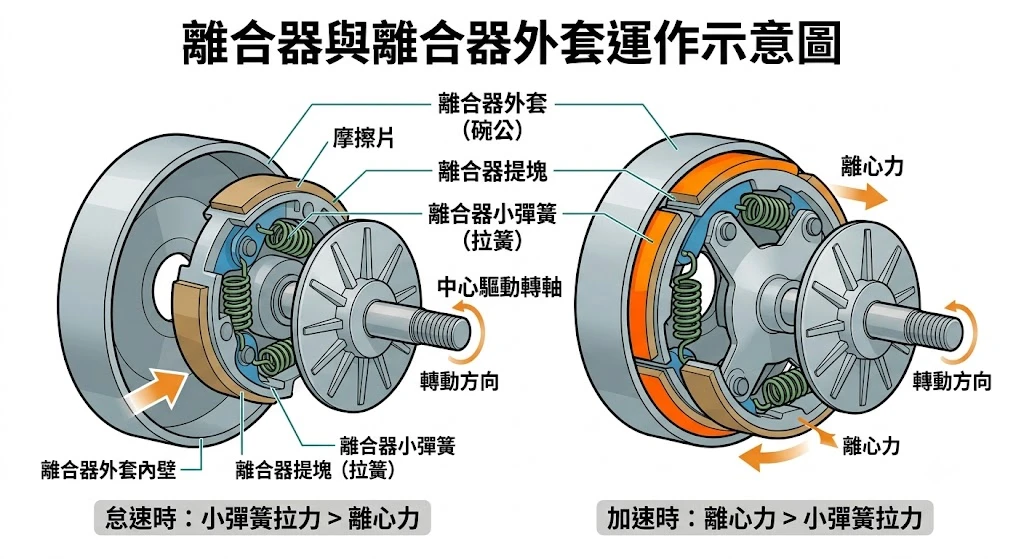 機車 CVT 傳動前普利盤皮帶與後開閉盤大彈簧進退檔作動解析，離心力與大彈簧對抗力學圖