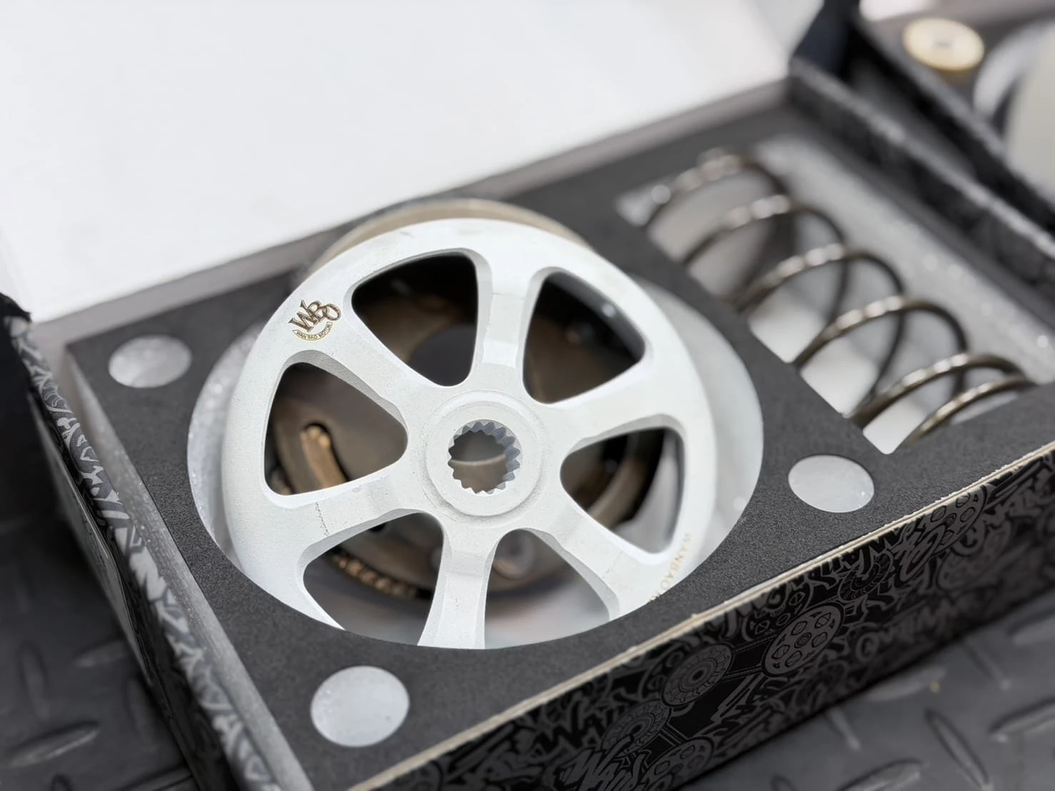 速克達 CVT 無段變速系統傳動後組離合器與碗公外蓋總成分解圖，顯示離心式離合器的構造