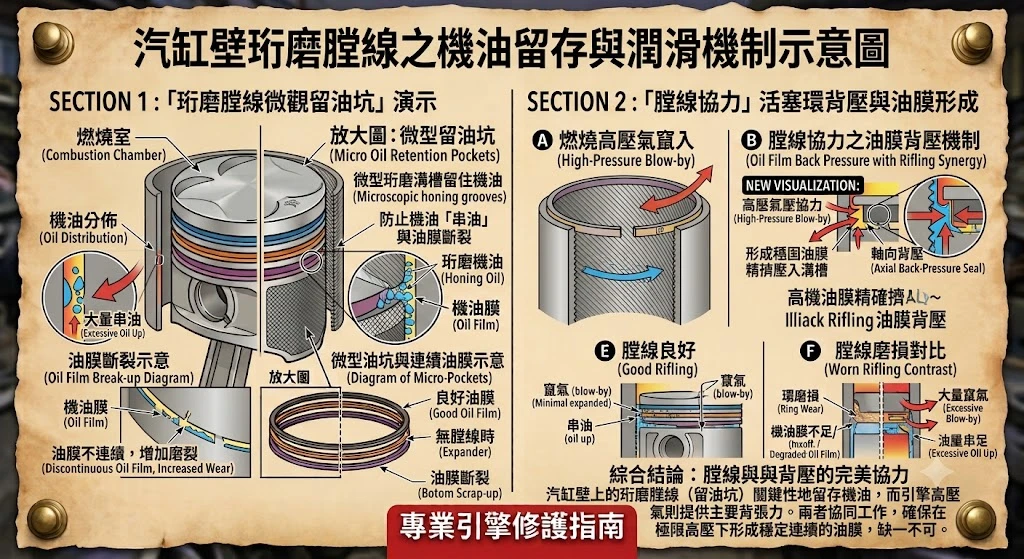 內燃機活塞環(Piston Rings)構造間隙與汽缸壁交叉珩磨紋物理潤滑解析圖