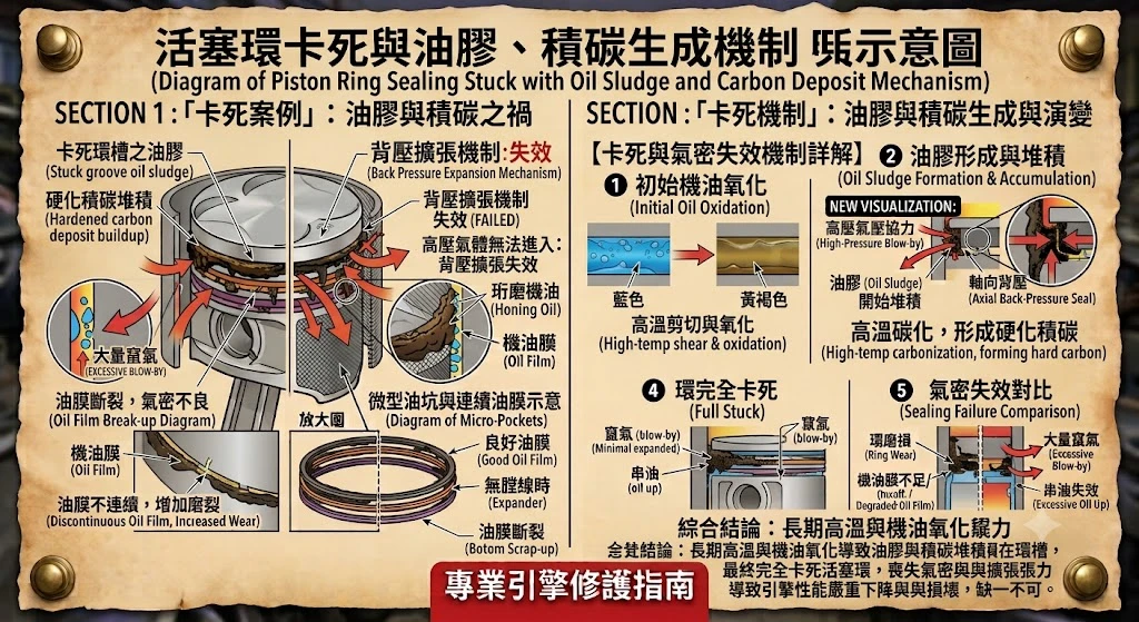 活塞環失效導致引擎嚴重積碳與吹漏氣下竄(Blow-by)現象實體對照圖