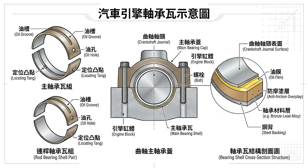 汽車引擎曲軸滑動軸承(波司/軸承瓦)與流體動力潤滑油膜間隙測量，對比單缸培林座設計