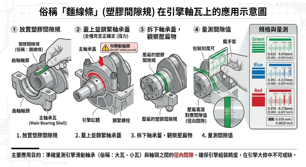 專業技師使用 Plastigauge 塑膠間隙規測量引擎曲軸波司軸承瓦油隙作業圖