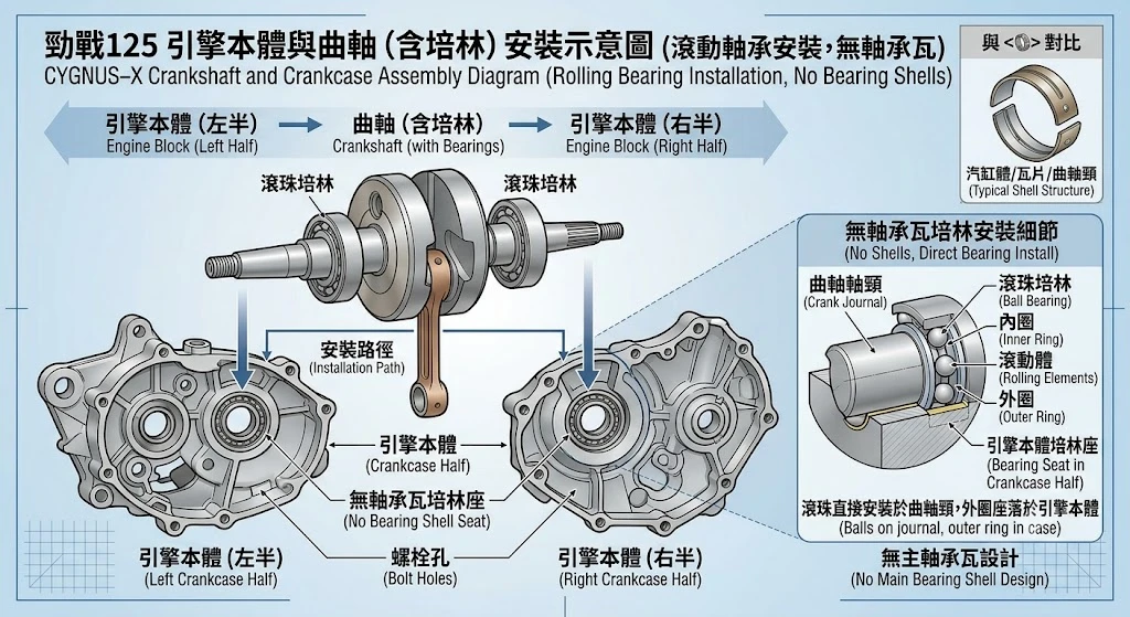 單缸機車引擎曲軸箱滾珠軸承(培林)座擴孔金屬疲勞鬆動現象，失去過盈緊配度