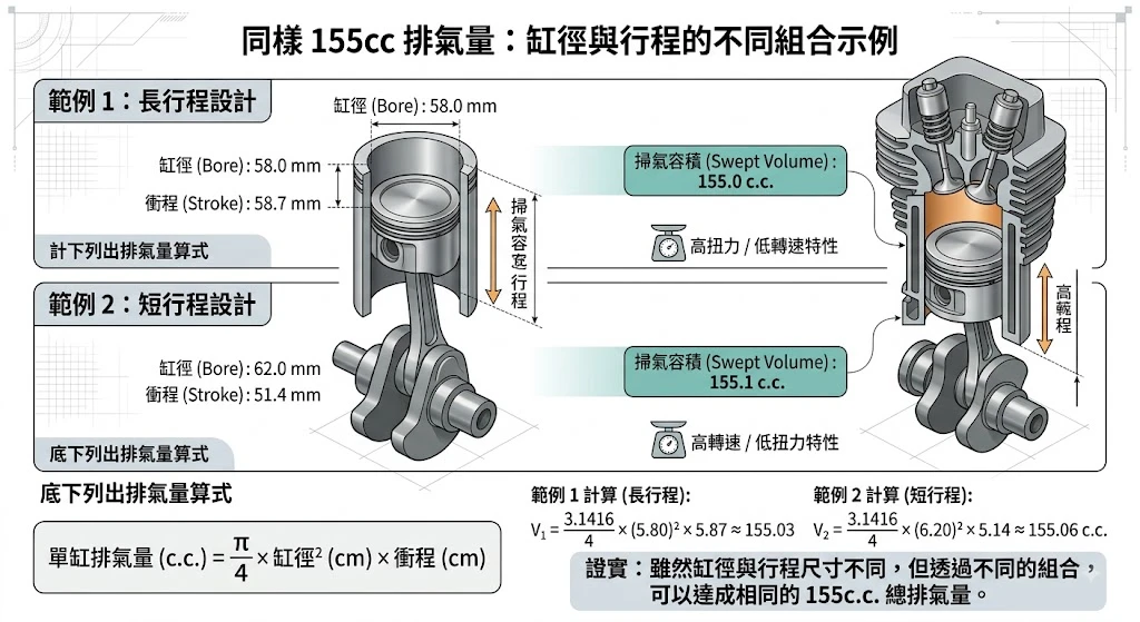 缸徑衝程比 B/S 比短行程與長行程引擎幾何構造力學對照圖