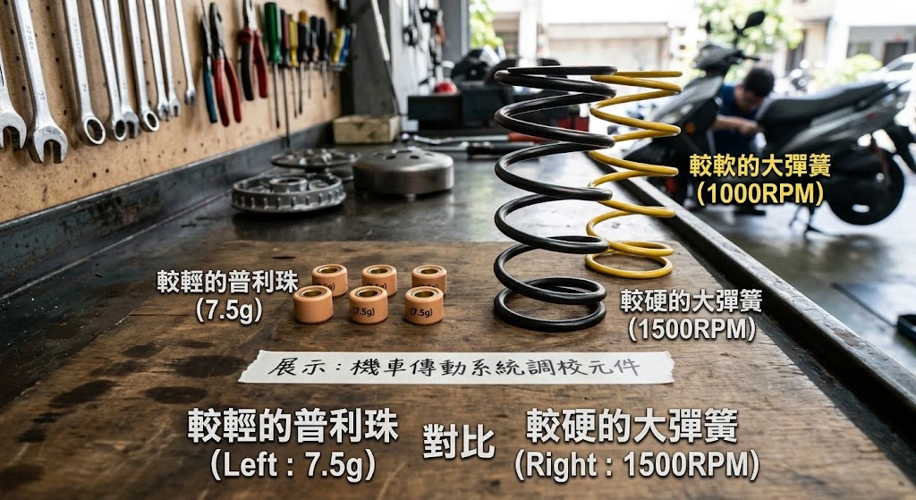改普利珠與大彈簧的極限，原廠普利盤與改裝盤面變速齒輪比幾何與扭力放大物理結構對照圖