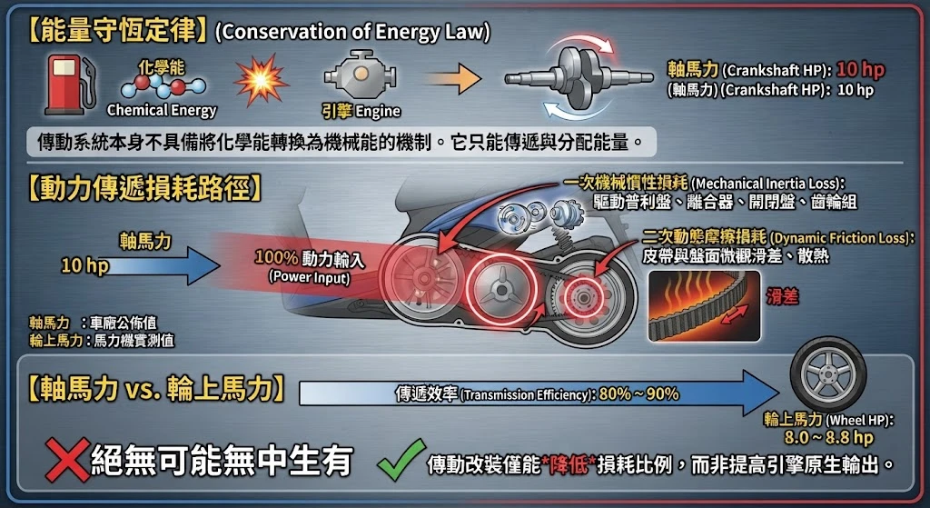 機車乾式 CVT 傳動系統軸馬力與輪上馬力機械傳遞耗損熱力學分析圖