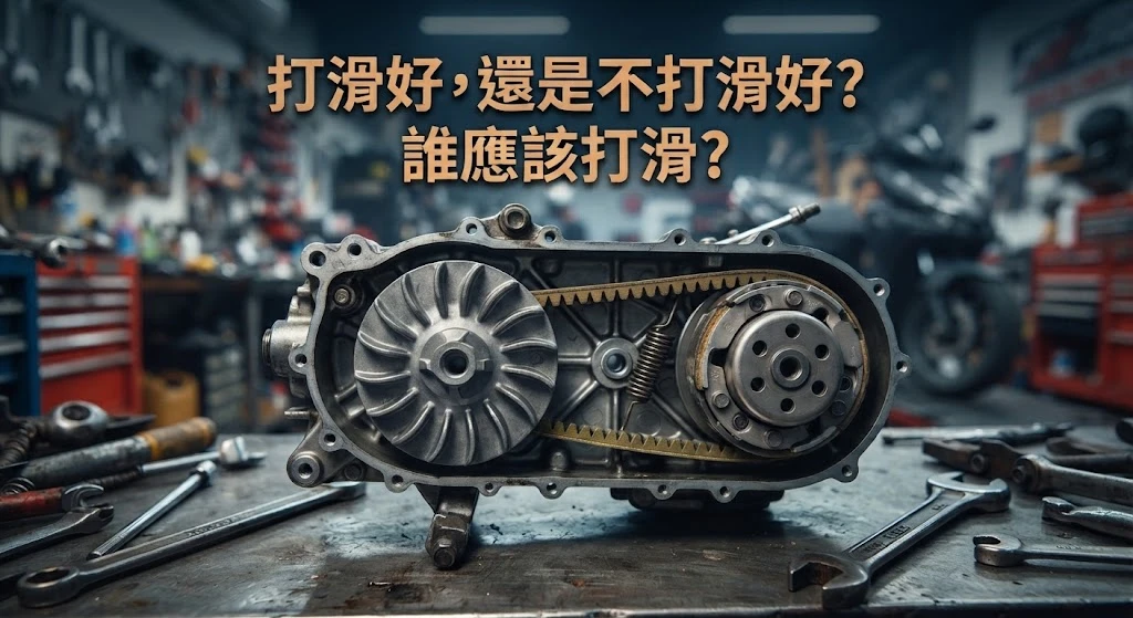 解析拉轉與真實推力差異，機車CVT傳動系統打滑現象與動摩擦力(F=&mu;N)物理公式工程解析圖