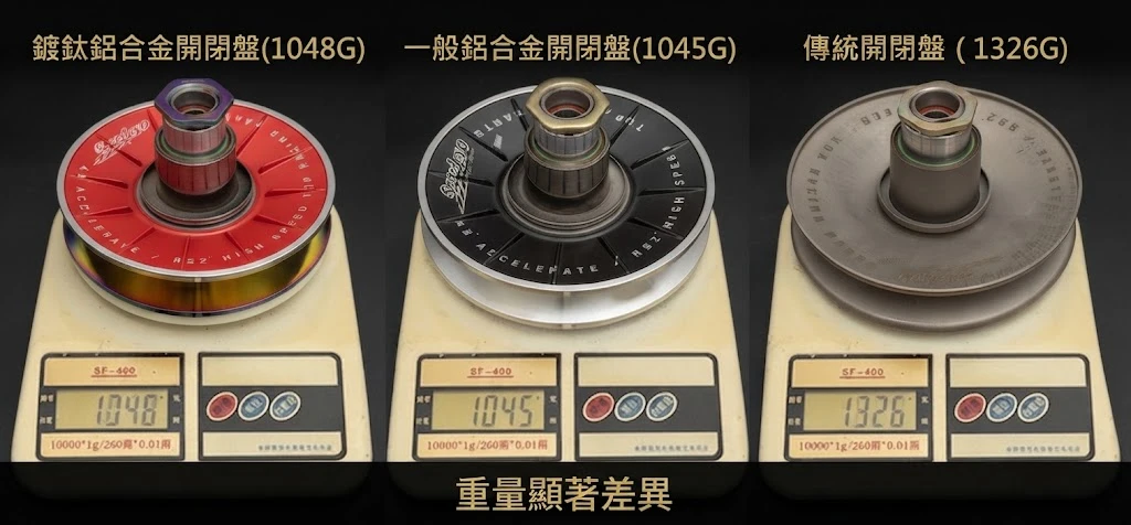 SPEED EVO 六代戰鋁合金開閉盤輕量化與原廠鐵製開閉盤重量及轉動慣量秤重對比圖