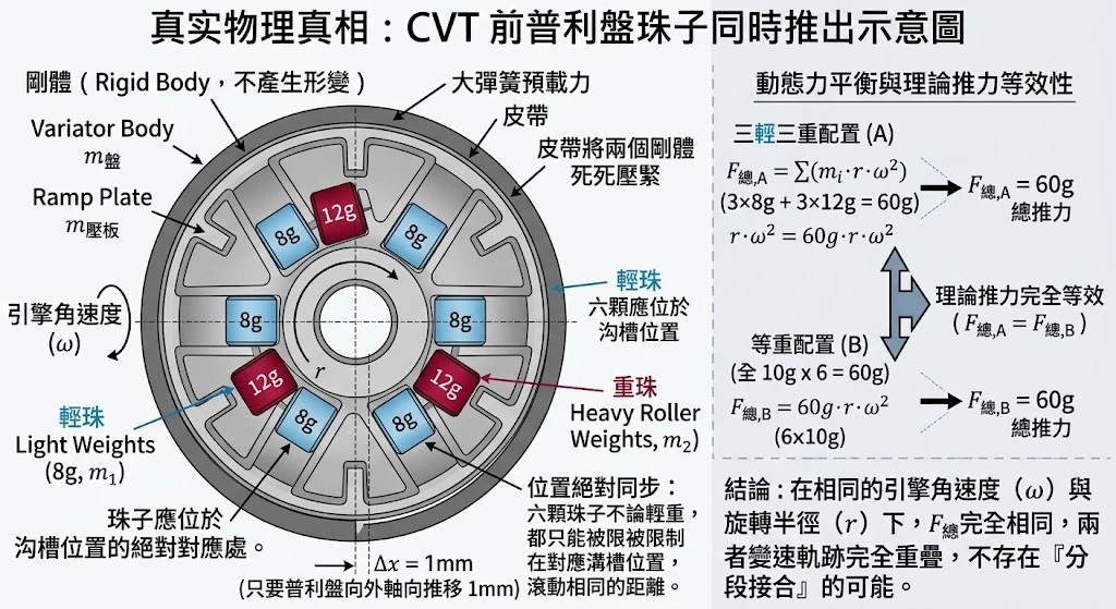 機械動力學分析：CVT 普利珠離心力公式與剛體運動位移示意圖