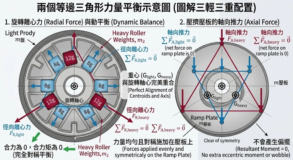 傳動調校動平衡分析：三輕三重普利珠交錯擺放之幾何對稱與力矩平衡