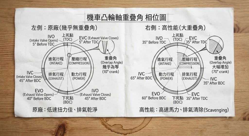 機車改裝高角度凸輪軸（高凸）氣門重疊角與動力陷阱解析，展示進排氣門相對位置