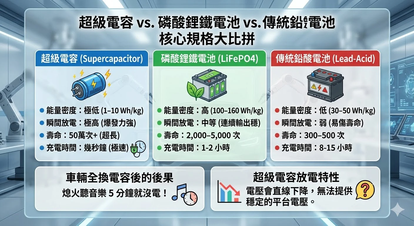 超級電容 vs. 磷酸鋰鐵電池 vs. 傳統鉛酸電池 核心規格大比拼
